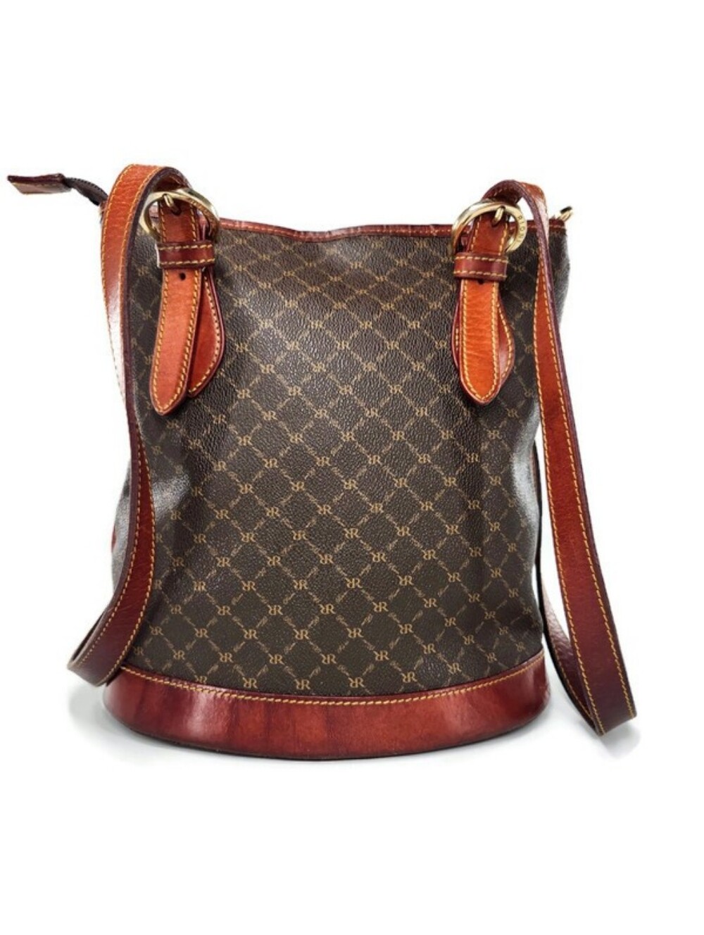 Rioni Brown Coated Canvas Gold Monogram Pattern & Leather Shoulder Bucket Bag - Picture 2 of 14